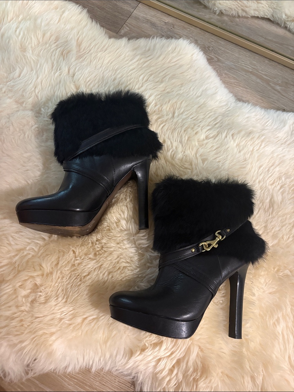 Coach Black Fur Platform Leather High-Heel Ankle Boots - Women